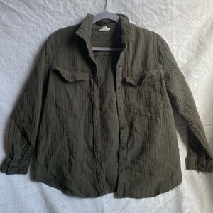 Olive green, gauzy button up